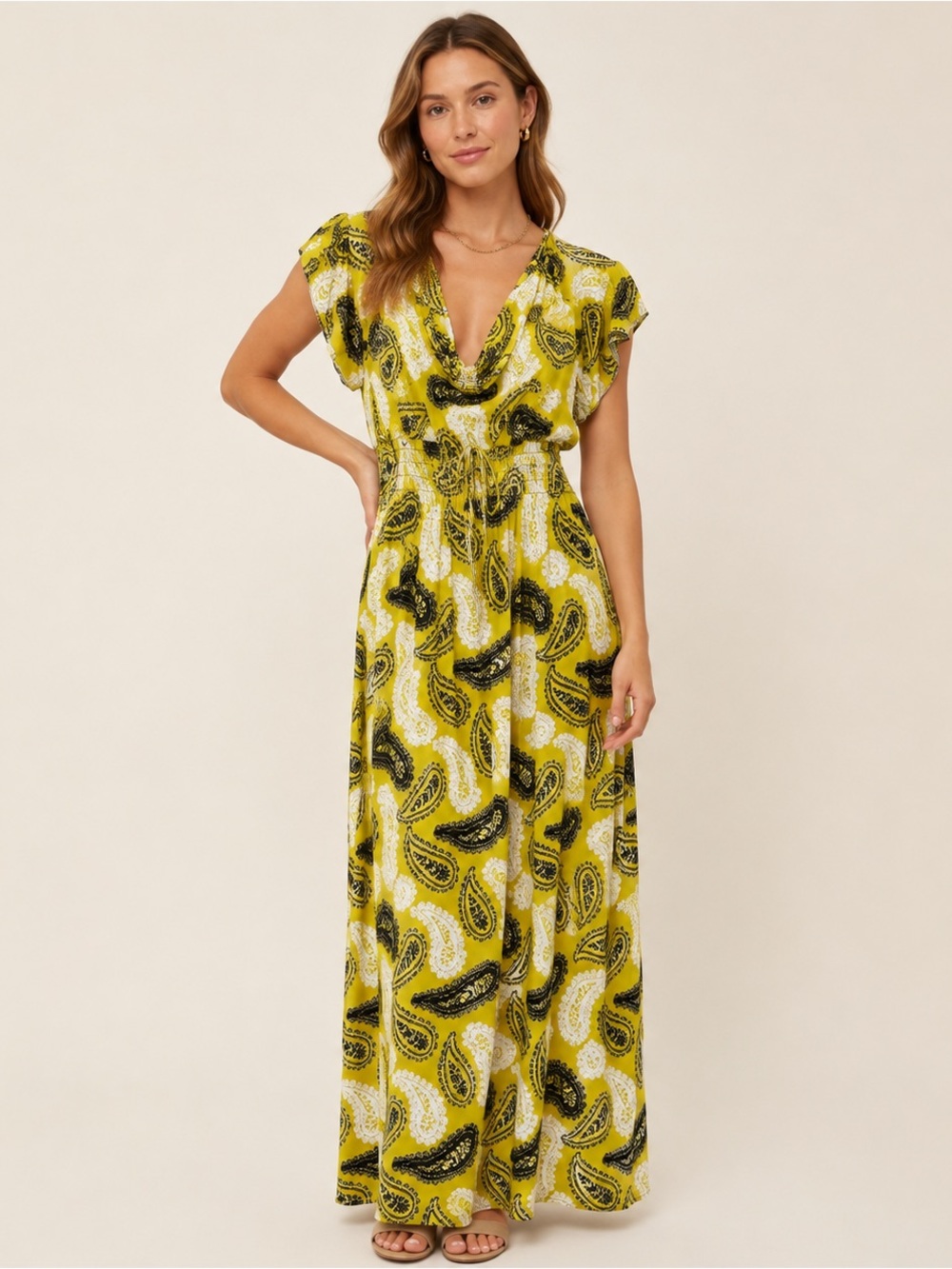 NWT Ming Long Nordstrom Paisley Maxi Dress 1X Yellow Black White Smocked Waist